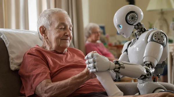 Une personne âgée tenant la main d'un robot humanoïde lors d'une interaction sociale.