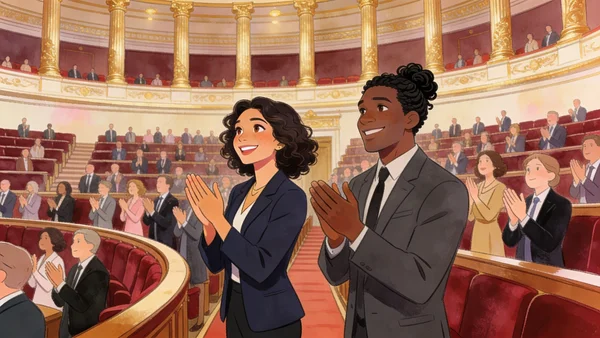 Vue d'ensemble de la salle du Congrès à Versailles, députés debout applaudissant après le vote de la loi