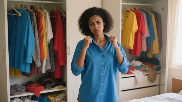 Jeune femme debout devant un dressing ouvert rempli de vêtements en désordre, tenant une chemise devant elle avec un air indécis, lumière matinale dans une chambre