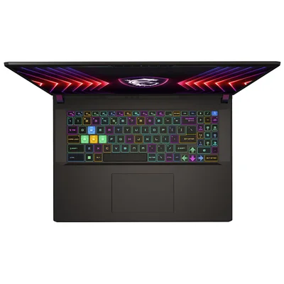 Le laptop MSI Vector 17 HX A14VIG présenté ouvert avec son clavier RVB et son écran allumé.