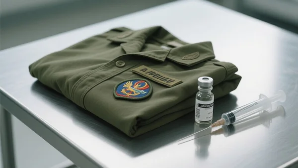 Gros plan sur un uniforme militaire américain avec un badge d'unité, posé à côté d'une seringue et d'un flacon de vaccin sur une table en métal froid, éclairage clinique