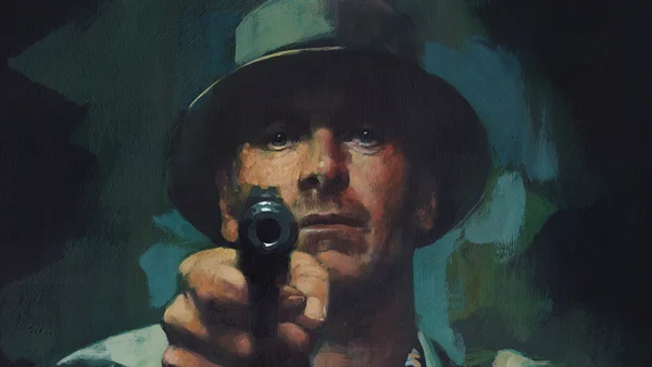 Illustration d'un personnage en chapeau pointant une arme devant un fond sombre et peintre.