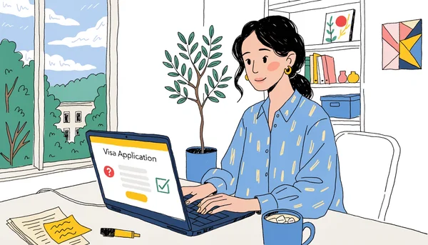 Jeune femme assise devant un ordinateur portable ouvert dans une chambre sombre, l'écran éclairant son visage anxieux, fenêtre montrant une page de demande de visa, atmosphère tendue