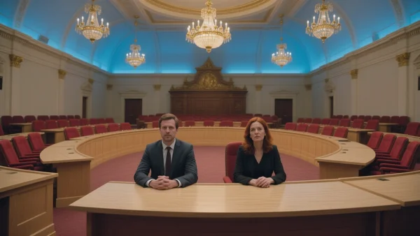 Intérieur de l'hémicycle de l'Assemblée nationale du Québec, députés assis à leurs bureaux en bois clair,vote en cours, lumière bleue et or des lustres