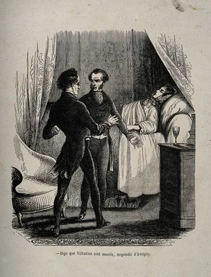 Illustration du Comte de Monte-Cristo montrant d'Avrigny annonçant la mort de Valentina.