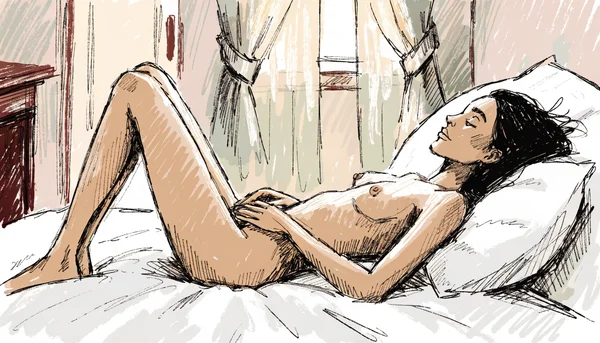 Femme nue en train de contracter son périnée lors d'un exercice, allongée sur un lit, focalisation sur le mouvement des muscles abdominaux et du bassin