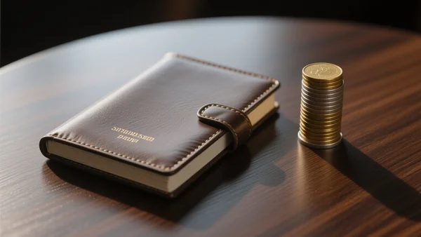 Gros plan sur un carnet d'épargne fermé et une pile de pièces de monnaie posées sur une table en bois sombre, éclairage latéral dramatique créant des ombres marquées