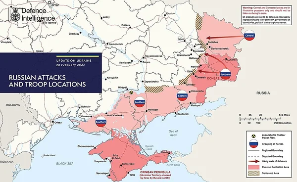 Carte du renseignement britannique illustrant les zones contrôlées par la Russie et les axes d'avancée en février 2023.