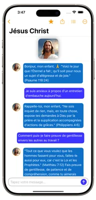 Écran de smartphone montrant une conversation avec le chatbot IA intitulé 'Jésus Christ'.