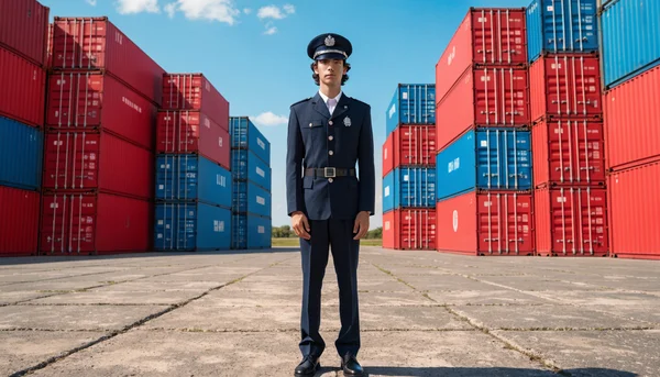 Un douanier en uniforme bleu marine officiel, debout et sérieux, devant un terminal de fret avec des conteneurs maritimes colorés en arrière-plan, lumière du jour naturelle