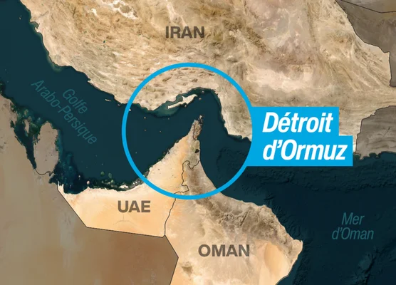 Carte du Golfe Arabo-Persique et du détroit d'Ormuz, situé entre l'Iran, les Émirats arabes unis et Oman.