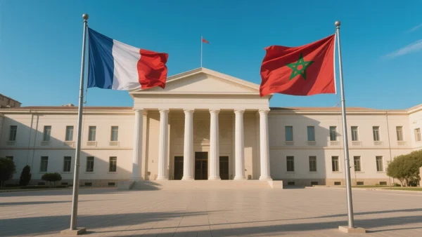Drapeaux français et marocain déployés côte à côte devant un bâtiment institutionnel aux colonnes blanches sous un ciel méditerranéen, lumière chaude de fin d'après-midi