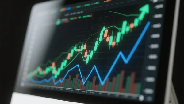 Gros plan sur des graphiques financiers et des chiffres économiques affichés sur un écran, avec un filtre numérique floutant et déformant les courbes pour les rendre artificiellement ascendantes
