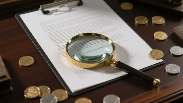 Gros plan sur un document de contrat financier posé sur un bureau en bois sombre, avec une loupe posée dessus et quelques pièces de monnaie éparpillées, éclairage dramatique et contrasté