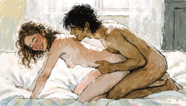 Pénétration vaginale en levrette, femme nue à quatre pattes sur le lit, homme nu derrière elle tenant sa hanche