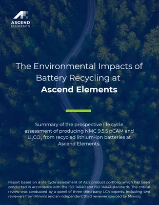 Graphique d'Ascend Elements présentant une étude sur l'impact environnemental du recyclage des batteries sur fond de forêt.