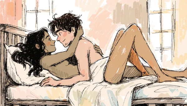 Un couple nu enlacé tendrement sur un lit, se regardant dans les yeux avec complicité et douceur