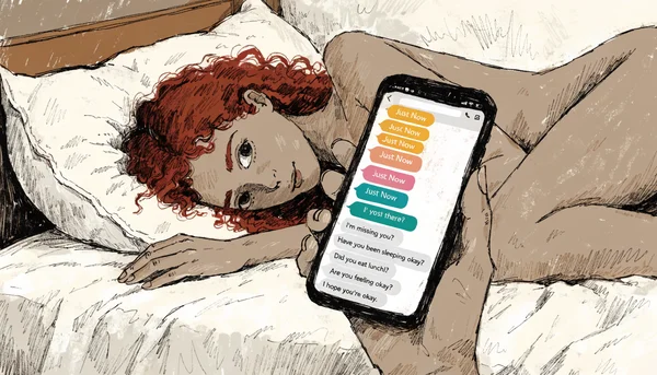 Gros plan sur une main tenant un smartphone affichant une application de messagerie avec des dizaines de notifications non lues et des messages envoyés à la suite sans réponse
