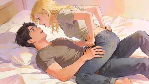 Un couple enlacé sur un lit, habillé de vêtements décontractés comme des jeans et des t-shirts, en position de frottage. La femme est assise sur les cuisses de l'homme qui est allongé, ils se tiennent par la taille et se regardent intensément dans une ambiance de préliminaires passionnés.