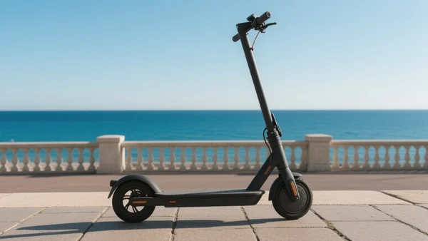 Trottinette électrique garée le long de la Promenade des Anglais à Nice, mer Méditerranée bleue en arrière-plan, fin d'après-midi, lumière dorée