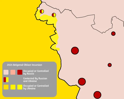 Carte de l'incursion de 2025 dans l'oblast de Belgorod illustrant les zones contrôlées par l'Ukraine et la Russie ainsi que la zone contestée.