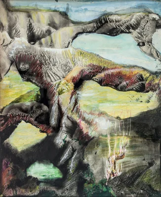 Paysage abstrait aux formes organiques et textures superposées exposé au MAM de Paris.