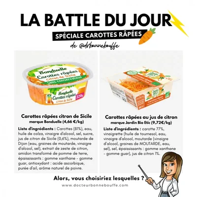 Battle comparant deux marques de carottes râpées.