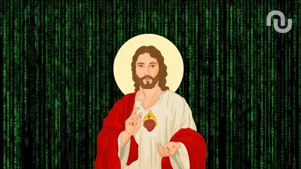 Une illustration de Jésus-Christ en IA sur fond de pluie numérique, inspirant le thème de l'automatisation de la confession.