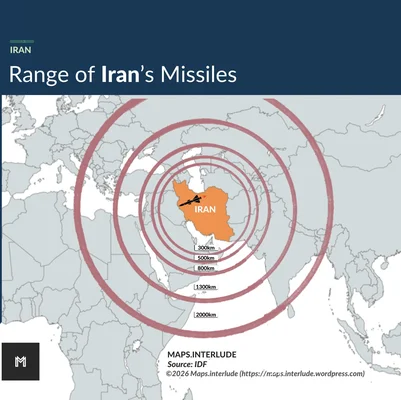 Infographie présentant la portée des missiles iraniens, avec des cercles de rayon variable (300 à 2000 km) centrés sur l'Iran.
