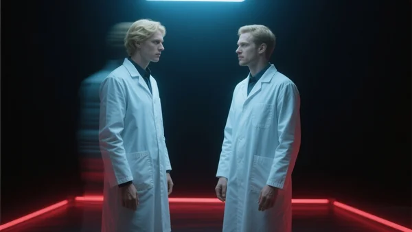 Cinq silhouettes floues de scientifiques en vêtements de laboratoire se fondant progressivement dans l'obscurité, éclairage froid bleuté et néon rouge lointain, ambiance oppressante