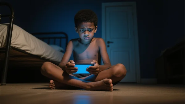 Vue en contre-plongée d'un préadolescent assis dans une chambre sombre, le visage éclairé uniquement par la lueur bleutée d'un smartphone tenu à deux mains, l'air inquiet et perplexe