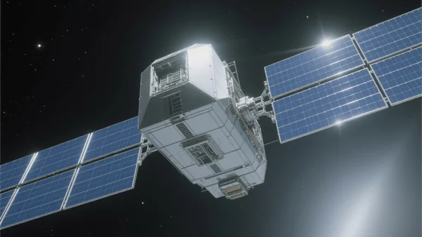 Vue en contre-plongée d'un satellite moderne avec ses panneaux solaires déployés brillant intensivement, sur fond de ciel noir profond et d'étoiles lointaines