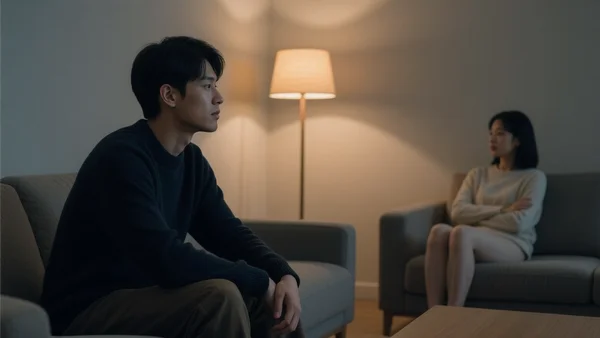 Couple jeune assis en silence sur un canapé, de profil, un écart visible entre eux, lumière tamisée de salon en soirée