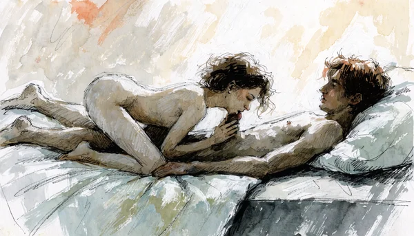 Fellation, femme nue entre les jambes de son partenaire nu allongé sur le dos, elle donne de légers tapotements sur la cuisse de son partenaire comme signal d'arrêt