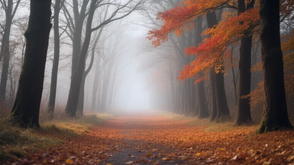 Chemin forestier bordé de grands arbres en automne, feuilles mortes au sol, lumière froide et brumeuse du petit matin, solitude et silence