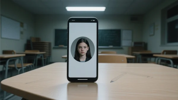 Smartphone posé sur un bureau de lycée en bois clair, écran allumé montrant une photo de profil d'adolescente, lumière froide de la salle de classe, ambiance inquiétante