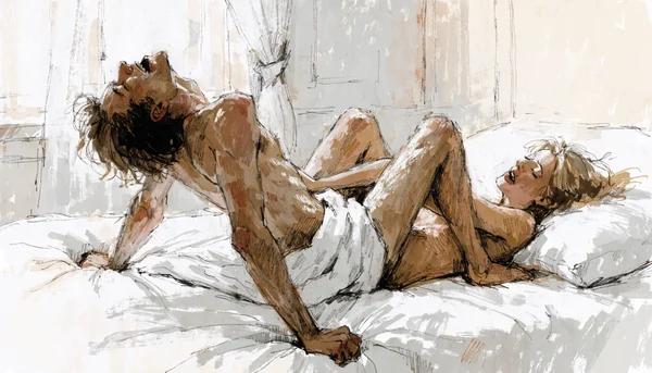 Homme nu sur le dos sur un lit, corps tendu pendant un orgasme sans éjaculation, partenaire nu à côté de lui