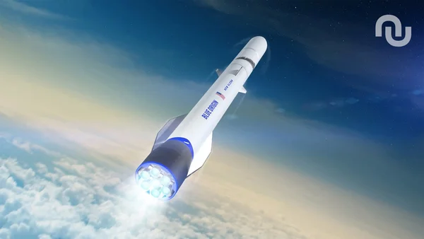 Représentation artistique de la fusée New Glenn lors de son ascension.
