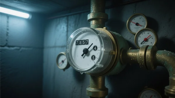 Gros plan sur les chiffres d'un compteur d'eau noyé dans la pénombre d'un sous-sol, les chiffres noirs bien visibles sur le cadran, lumière faible et naturelle
