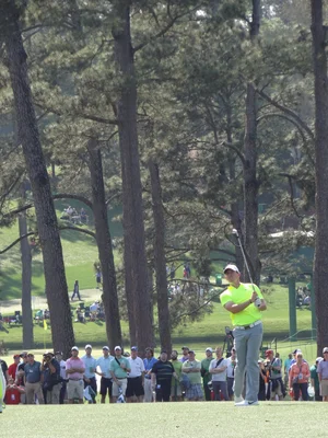 Rory McIlroy lors des tours d'entraînement du Masters 2015 au Augusta National Golf Club.