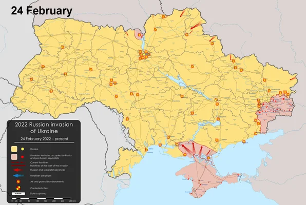 Carte des avancées russes lors du début de l'invasion de l'Ukraine le 24 février 2022.