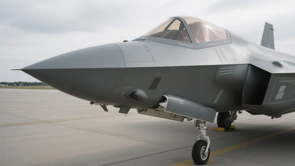 Vue rapprochée d'un avion de chasse moderne sur un tarmac militaire, avec un focus sur le fuselage métallique gris sous un ciel nuageux