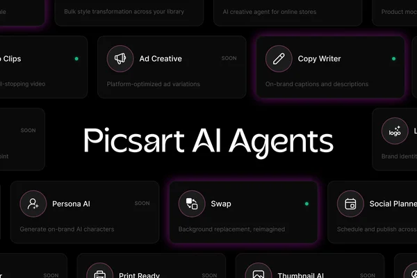 Interface de la place de marché Picsart AI Agents montrant la liste des assistants IA disponibles pour les créateurs.