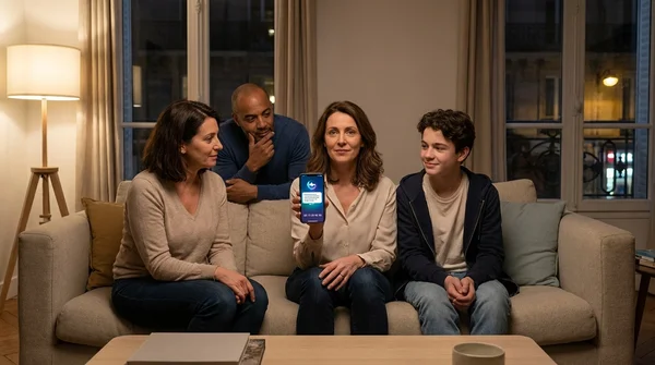 Un groupe de personnes discute dans un salon, l'une d'elles présentant un smartphone.