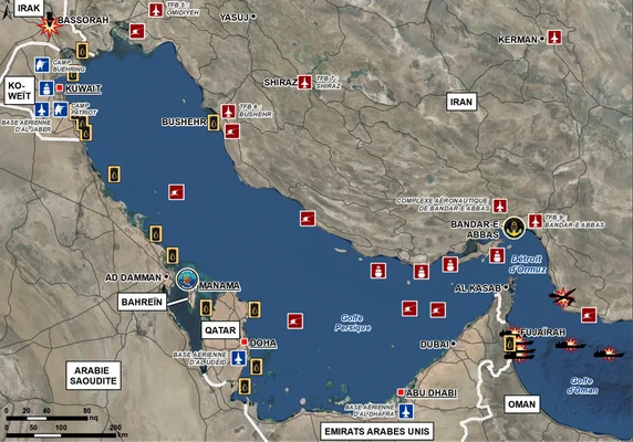 Carte stratégique du golfe Persique avec les bases militaires et positions navales dans le contexte du face-à-face irano-américain autour du détroit d'Ormuz.