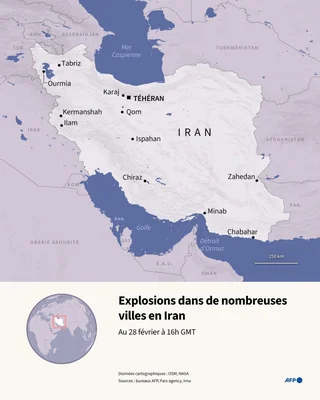 Localisation des explosions en Iran au 28 février 2026.