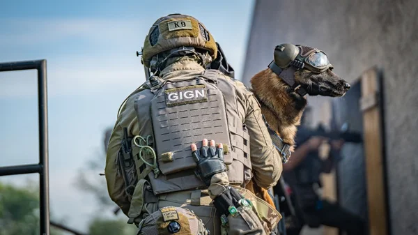 Un binôme du Groupe d'appui cynophile du GIGN et son chien d'intervention.