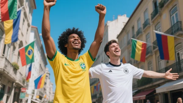 Un groupe de supporters de football passionnés, portant des maillots de différentes nations, célébrant ensemble dans une rue animée avec des drapeaux colorés, lumière du jour éclatante