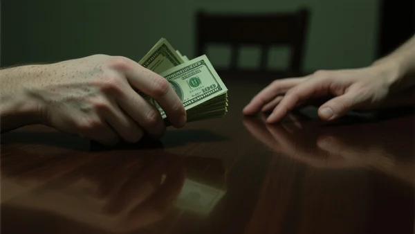 Plan serré sur deux mains échangeant discrètement une liasse de billets de dollars sur une table en bois sombre, ambiance feutrée et malsaine
