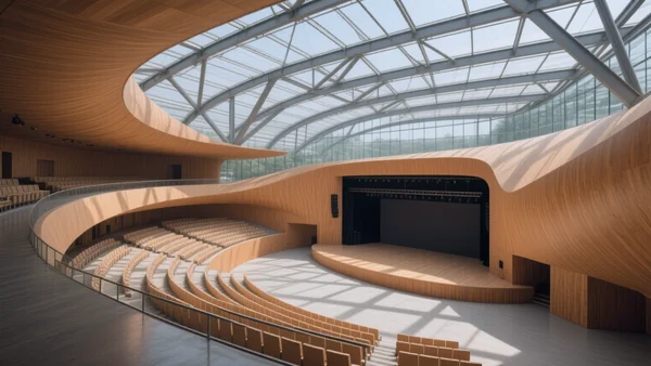 Vue intérieure de la Seine Musicale à Boulogne-Billancourt, grande verrière moderne laissant entrer la lumière naturelle, architecture contemporaine avec structure en bois et acier